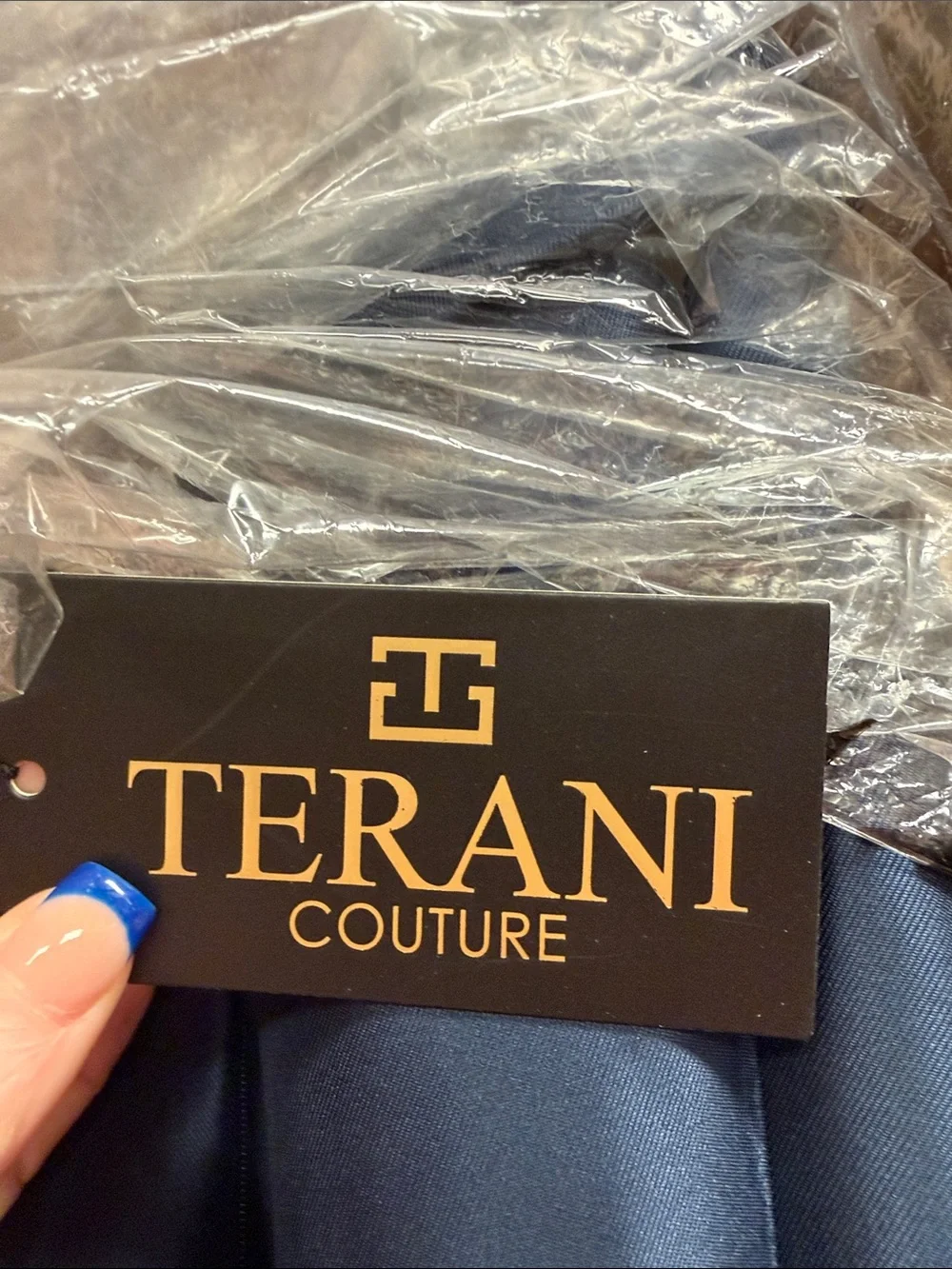 Terani Couture Strapless Navy Blue Taffeta Gown with Sculpted Rosette - Picture 3 of 9